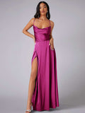 Blue teal satin gown back view highlighting crisscross straps