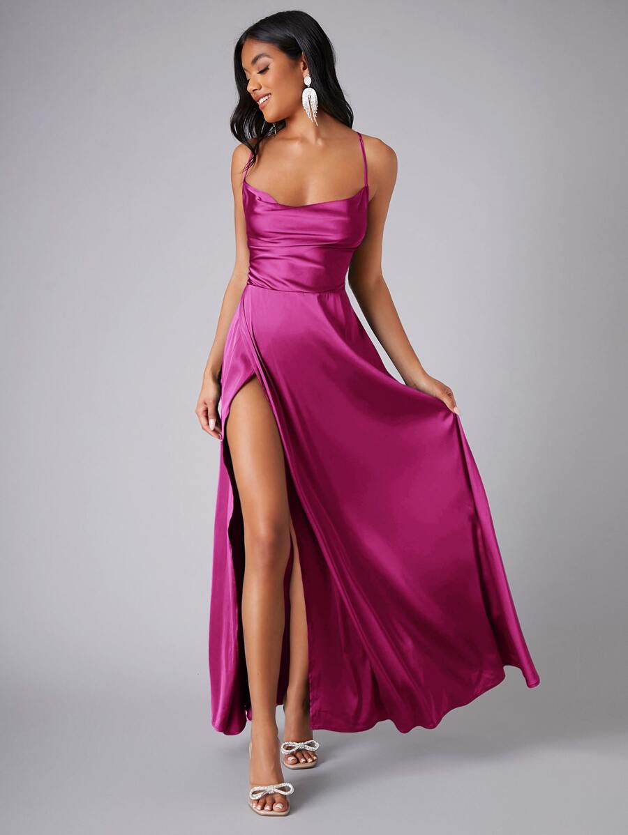 Red violet satin maxi dress front view with spaghetti straps and slit
