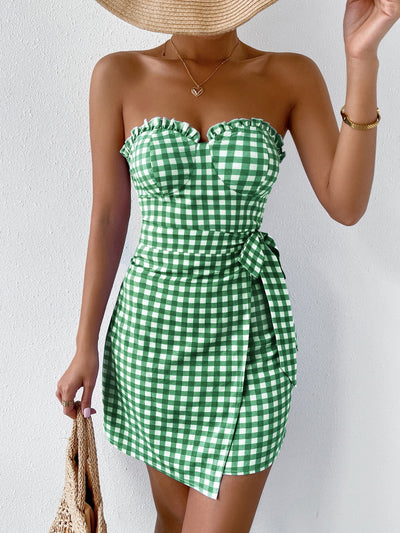 Chic and Cozy: Plaid Frill Trim Wrap Knot Side Tube Dress