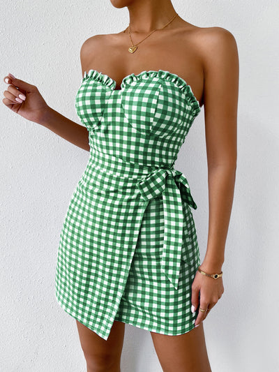 Chic and Cozy: Plaid Frill Trim Wrap Knot Side Tube Dress