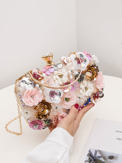 Elegant Rhinestone Floral Clip Top Box Bag – Perfect Evening Purse for Weddings, Prom, and Parties