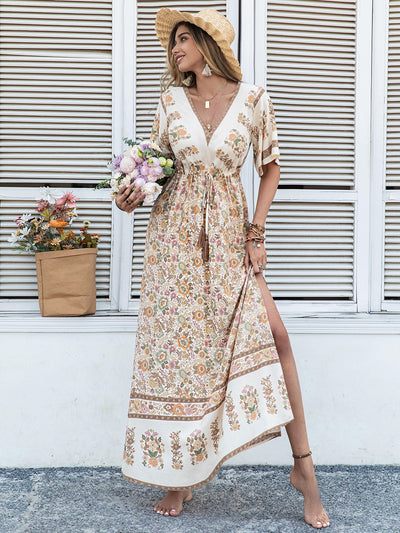 Boho Chic Floral Print Trumpet Sleeve Dress with Tassel Drawstring Waist