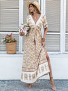 Boho Beauty: Floral Print Sleeve Dress with Split Thigh and Tassel Drawstring Waist