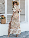 Boho Chic Floral Print Trumpet Sleeve Dress with Tassel Drawstring Waist