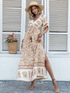 Boho Chic Floral Print Trumpet Sleeve Dress with Split Thigh and Tassel Drawstring Waist