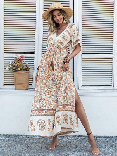 Boho Chic Floral Print Trumpet Sleeve Dress with Tassel Drawstring Waist