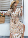 Boho Beauty: Floral Print Sleeve Dress with Split Thigh and Tassel Drawstring Waist