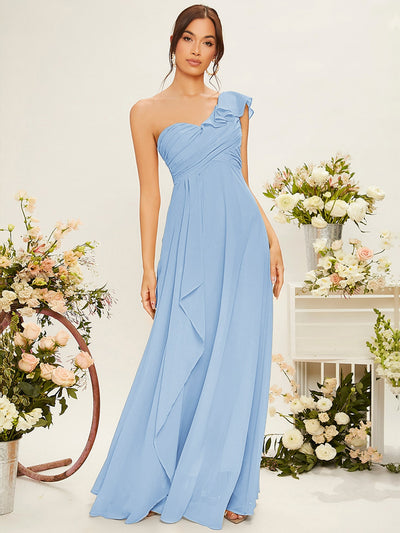 Elegant One-Shoulder Ruffle Trim Ruched Bustier Chiffon Bridesmaid Dress in Baby Blue