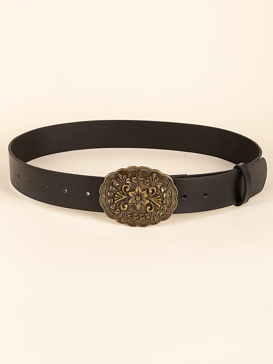 Retro Charm: Vintage Bronze PU Belt with Patterned Buckle