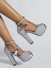 Stylish Metallic Buckle High Heel Platform Sandals – Waterproof Peep Toe Design for Glamorous Spring & Autumn Parties