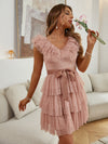 Chic and Elegant: Dobby Mesh Ruffle Trim Belted Dress