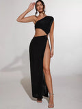 Full front view of black sleeveless slit maxi dress with asymmetrical neckline