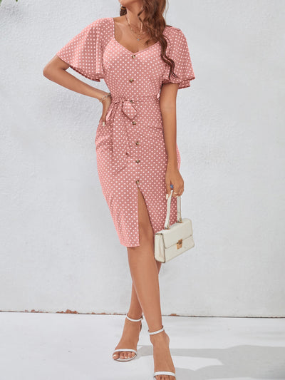 Dainty Darling: Frenchy Polka Dot Print Dress with Sweetheart Neck Button Decor