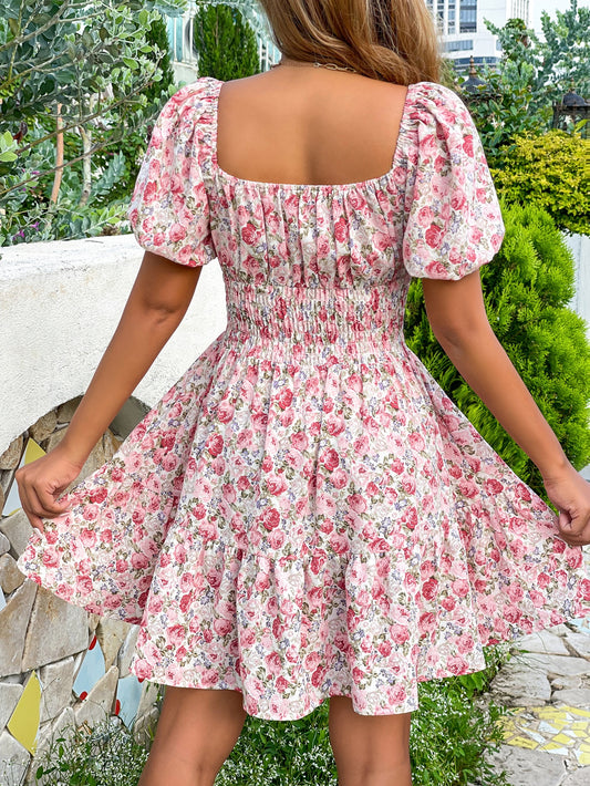 Charming Floral Puff Sleeve Dress with Ruffle Hem and Knot Front Detail