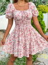 Charming Floral Puff Sleeve Dress with Ruffle Hem and Knot Front Detail