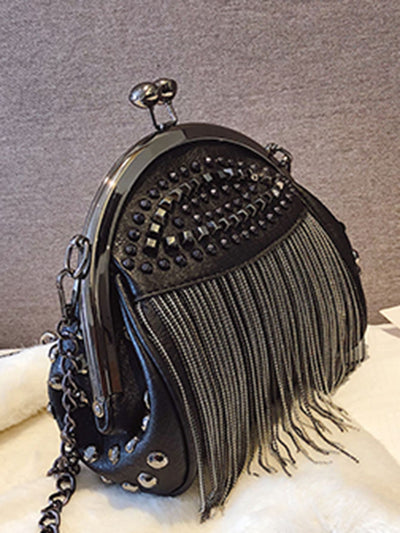 Punk Gothic Kiss-Lock Clutch with Rivet Tassel: A Rock Style Novelty Bag for Women