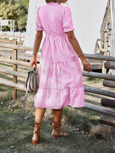 Chic & Sophisticated: Striped Print Puff Sleeve Ruffle Hem Dress