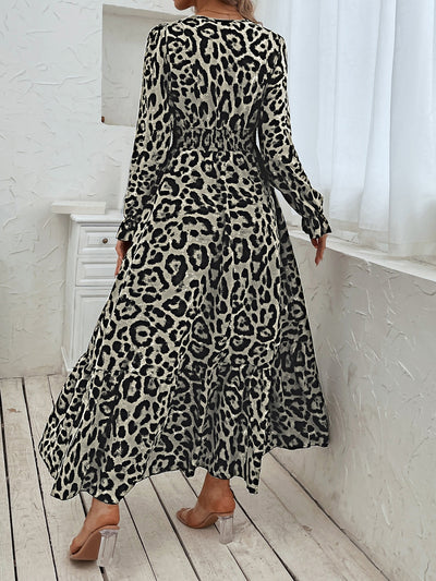 Wild Beauty Leopard Print Flounce Sleeve Shirred Dress