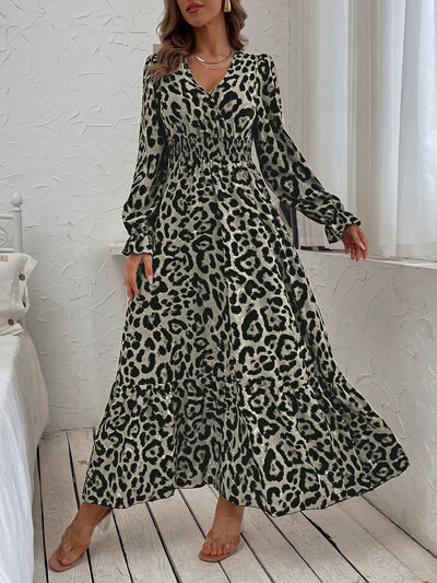 Wild Beauty Leopard Print Flounce Sleeve Shirred Dress