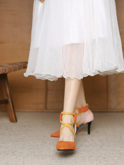 Chic Color Block High Heel Shoes with Pointed Toe and Adjustable Buckle