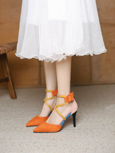 Chic Color Block High Heel Shoes with Pointed Toe and Adjustable Buckle