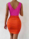 Twist and Ruched: Two-Tone Plunging Neck Bodycon Dress