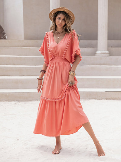 Boho Chic Women's Tassel Trim Dress with Ruffle Hem