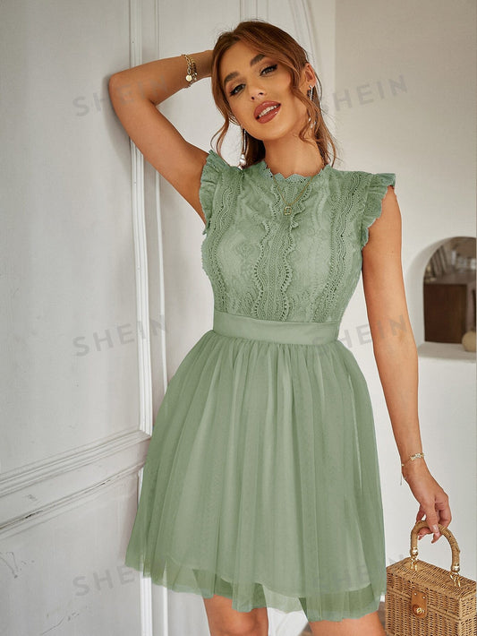 Elegant Lace Ruffle Mesh Dress with Scallop Trim