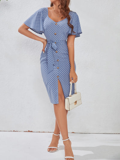 Dainty Darling: Frenchy Polka Dot Print Dress with Sweetheart Neck Button Decor