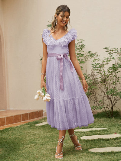 Dreamy Dobby Mesh Dress with Ruffle Trim and Belt