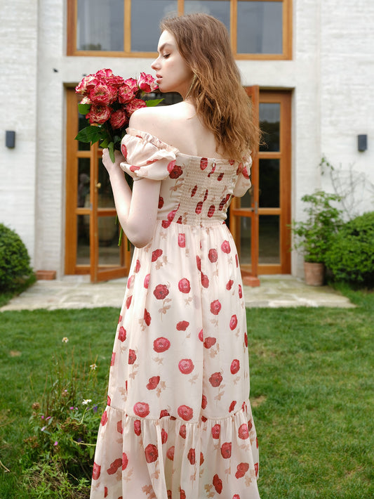 Blooming Beauty Off-Shoulder Dress with Puff Sleeves and Ruffle Hem