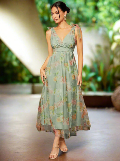 Garden Party Perfection: Tie Shoulder Floral Print Mesh Dress