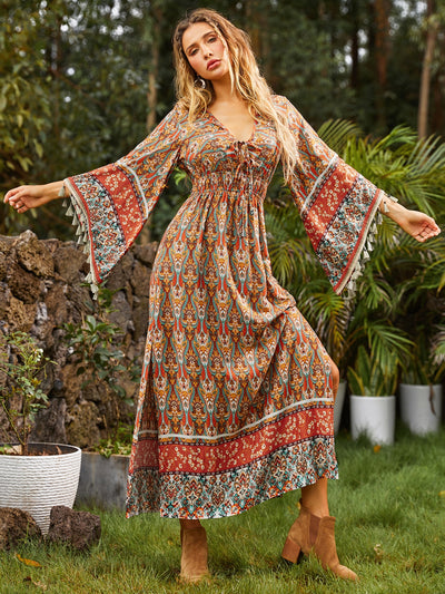 Elevate your wardrobe with our Boho Chic Vibes Dress. The allover print adds a touch of whimsy, while the flounce sleeves and A-line silhouette provide a flattering fit. Perfect for any occasion, this dress will have you feeling stylish and confident.