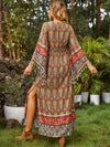 Boho Chic Vibes: Allover Print Flounce Sleeve A-Line Dress for Women