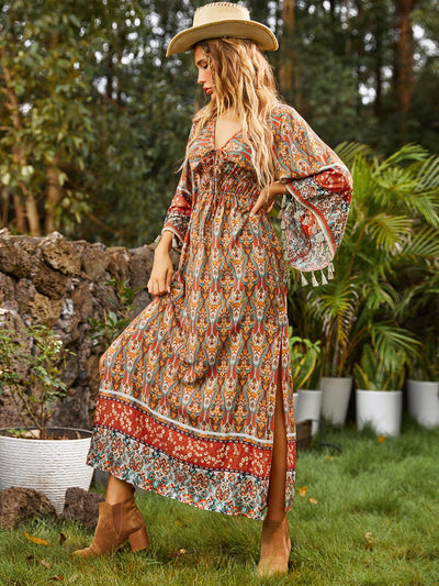 Boho Chic Vibes: Allover Print Flounce Sleeve A-Line Dress for Women