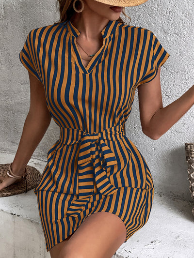 Chic and Sophisticated: Striped Print Notched Neckline Batwing Sleeve Belted Dress