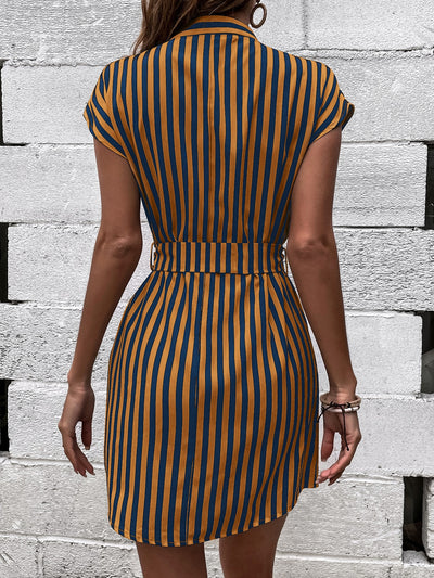 Chic and Sophisticated: Striped Print Notched Neckline Batwing Sleeve Belted Dress