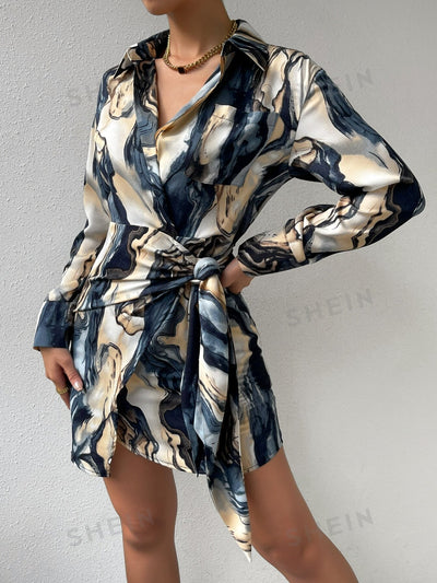 Boho Chic Vibes: Allover Print Knot Side Wrap Shirt Dress