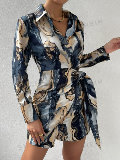 Boho Chic Vibes: Allover Print Knot Side Wrap Shirt Dress