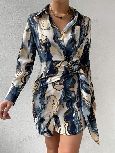 Boho Chic Vibes: Allover Print Knot Side Wrap Shirt Dress