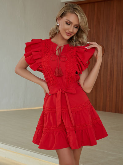 Fluttery Elegance: Guipure Lace Panel Tassel Tie Dress