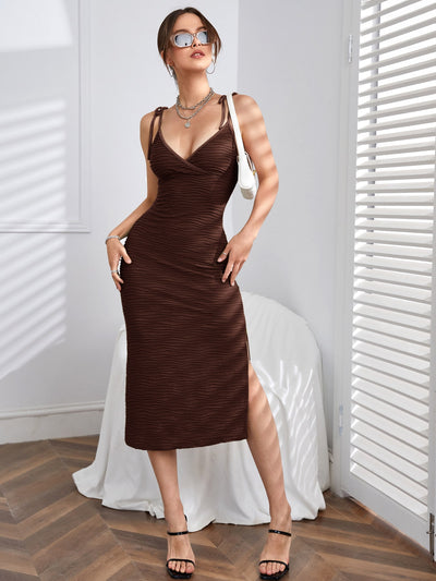 Chic Burgundy Tie-Shoulder Split Thigh Cami Dress