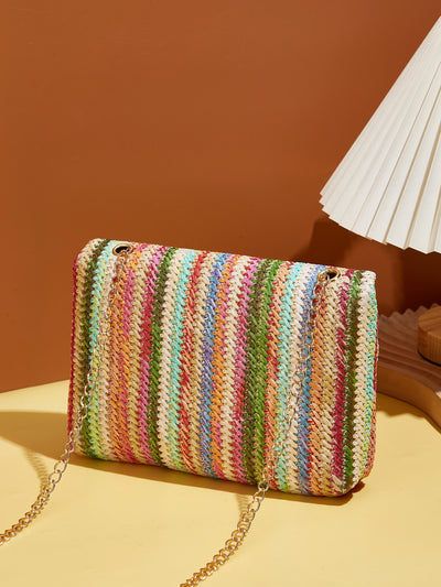 Rainbow Dreams: Striped Pattern Flap Straw Bag for Your Vacation Getaway