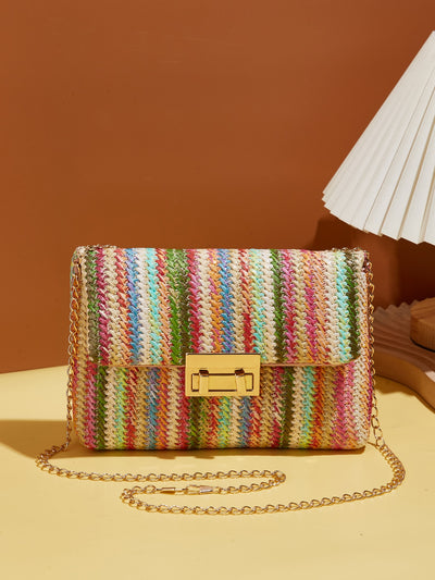 Rainbow Dreams: Striped Pattern Flap Straw Bag for Your Vacation Getaway