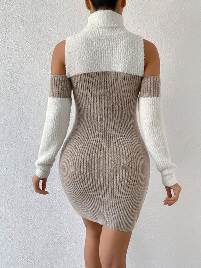 Chic Two-Tone Cut-Out Turtleneck Rib-Knit Sweater Dress for Effortless Style