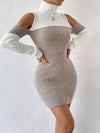 Chic Two-Tone Cut-Out Turtleneck Rib-Knit Sweater Dress for Effortless Style