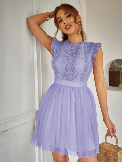 Elegant Lace Ruffle Mesh Dress with Scallop Trim