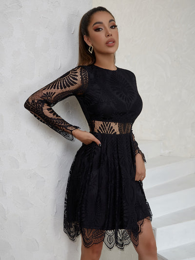 Elegant and Sophisticated with Sheer Insert Scallop Trim Lace Dress