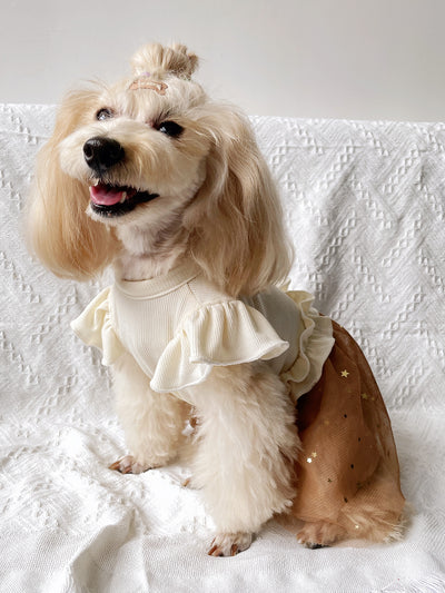 Starry Sky Princess Dog Dress: Khaki Knitted Dress with Puff Sleeves and Mesh Skirt