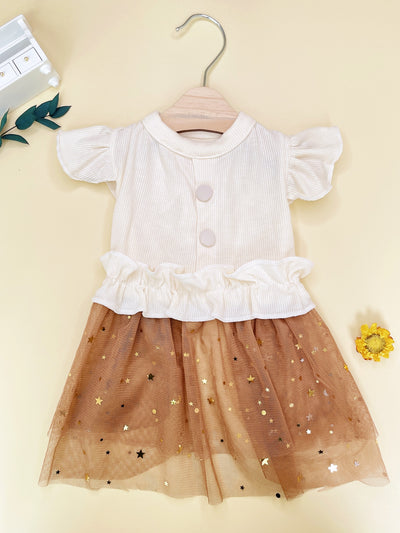 Starry Sky Princess Dog Dress: Khaki Knitted Dress with Puff Sleeves and Mesh Skirt